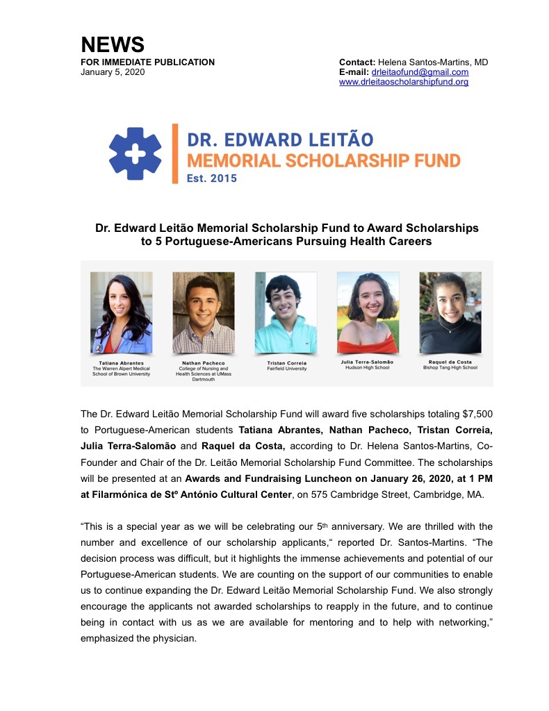 Dr. Edward Leitão Memorial Scholarship Fund to Award Scholarships to 5 Portuguese-Americans Pursuing Health Careers